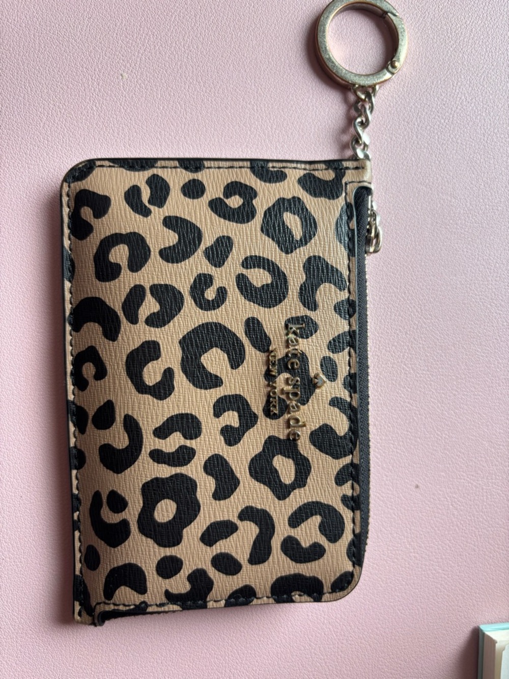 kate spade Beige and Black Leopard Print Zip Key Card Holder